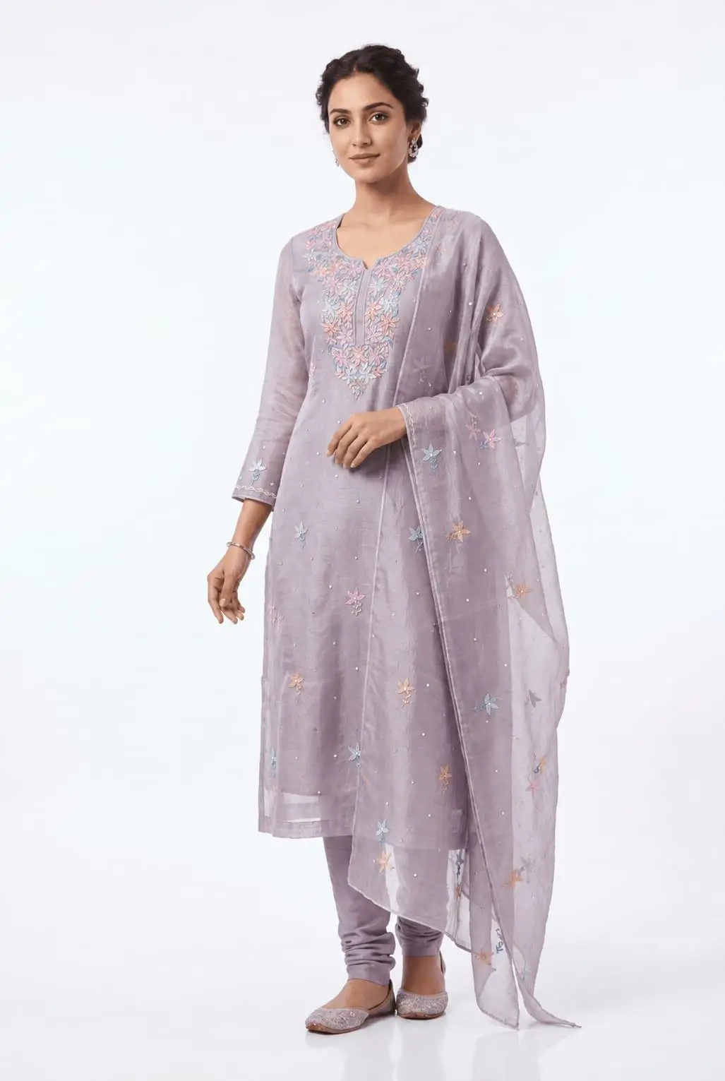 LCF CHIKAN EMBROIDER ORGANZA SILK UNSTITCHED KURTI & DUPATTA - LAVENDER view 4
