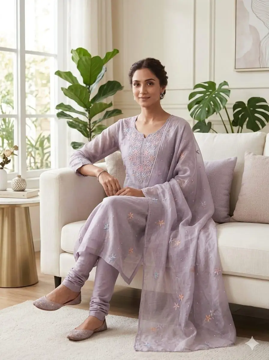 LCF CHIKAN EMBROIDER ORGANZA SILK UNSTITCHED KURTI & DUPATTA - LAVENDER view 5