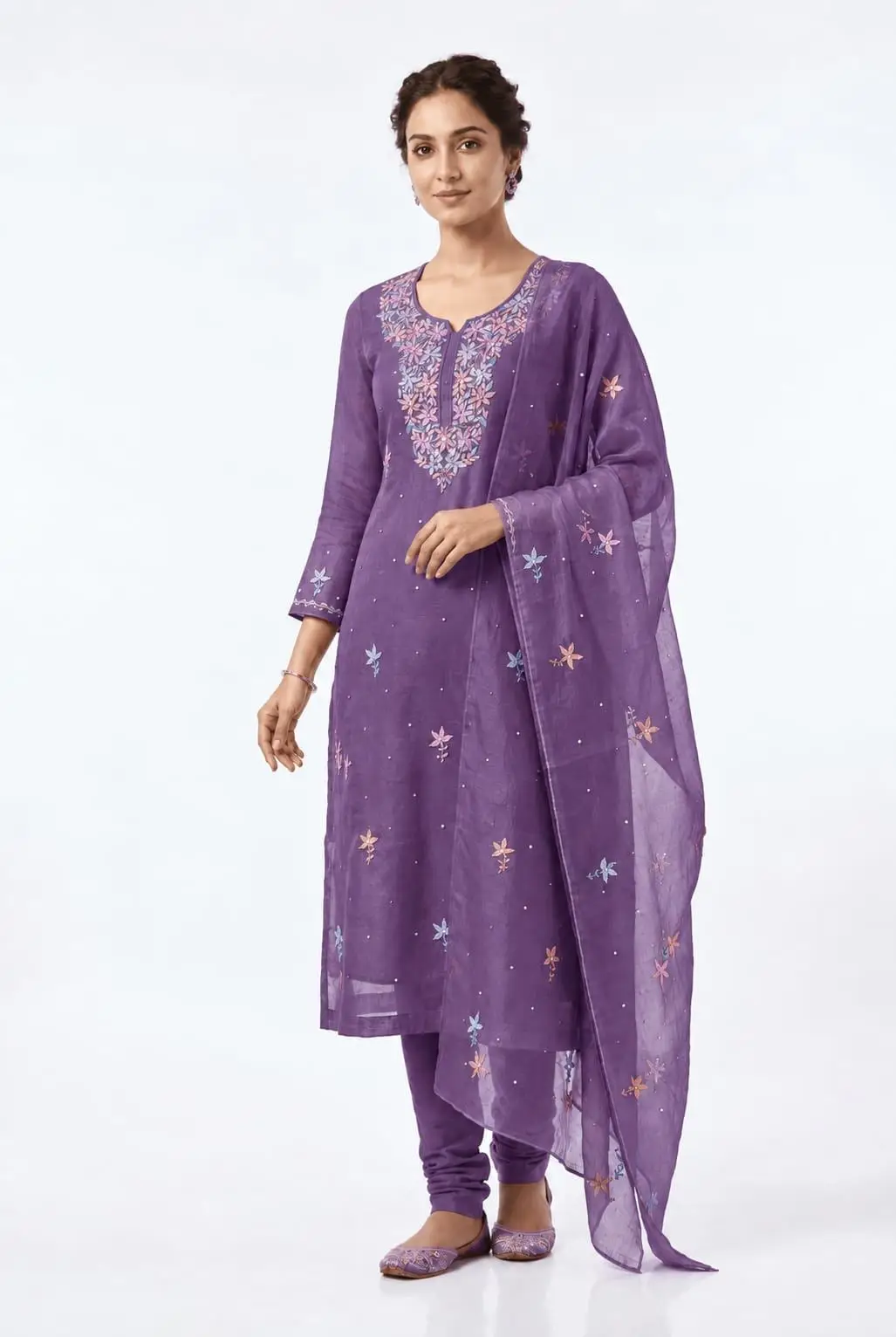 LCF CHIKAN EMBROIDER ORGANZA SILK UNSTITCHED KURTI & DUPATTA - PURPLE