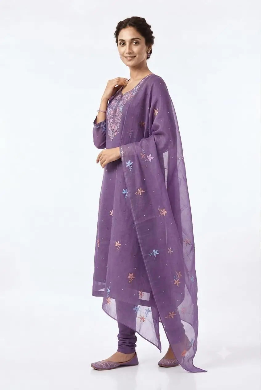 LCF CHIKAN EMBROIDER ORGANZA SILK UNSTITCHED KURTI & DUPATTA - PURPLE view 4