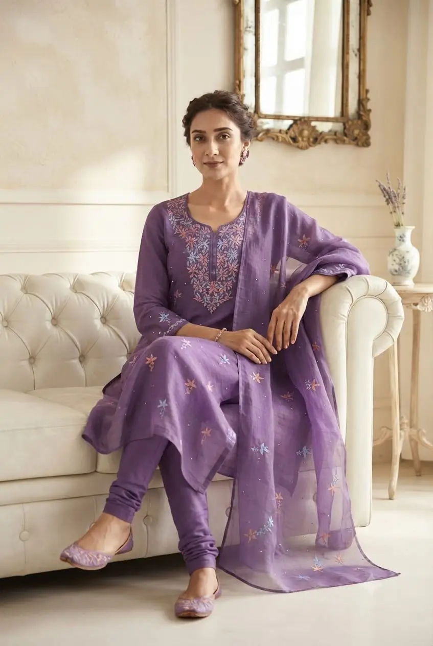 LCF CHIKAN EMBROIDER ORGANZA SILK UNSTITCHED KURTI & DUPATTA - PURPLE view 5