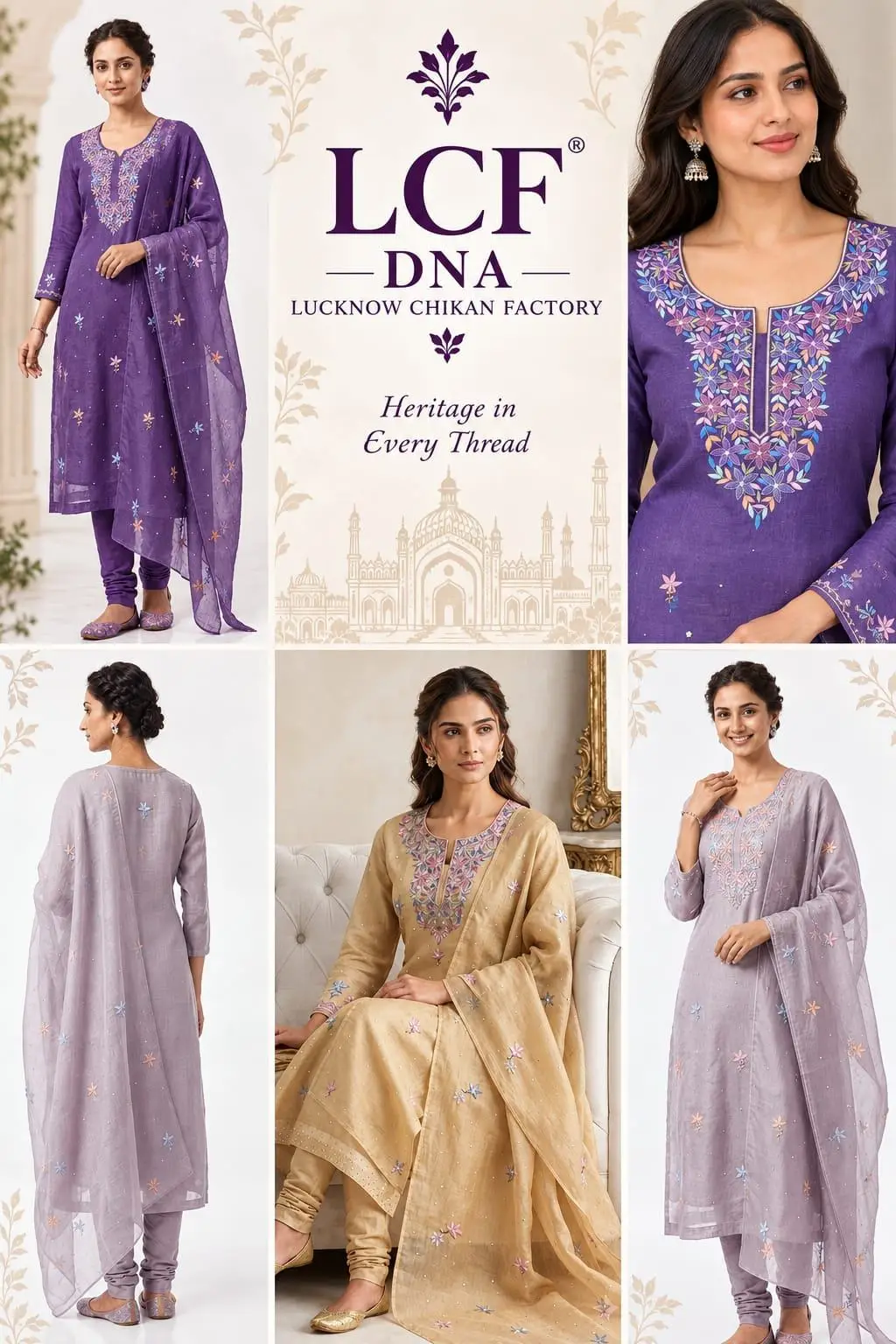 LCF CHIKAN EMBROIDER ORGANZA SILK UNSTITCHED KURTI & DUPATTA - PURPLE view 6