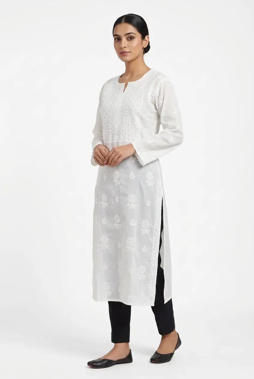 LCF CHIKAN EMBROIDERY VOIL COTTON LONG KURTI - WHITE