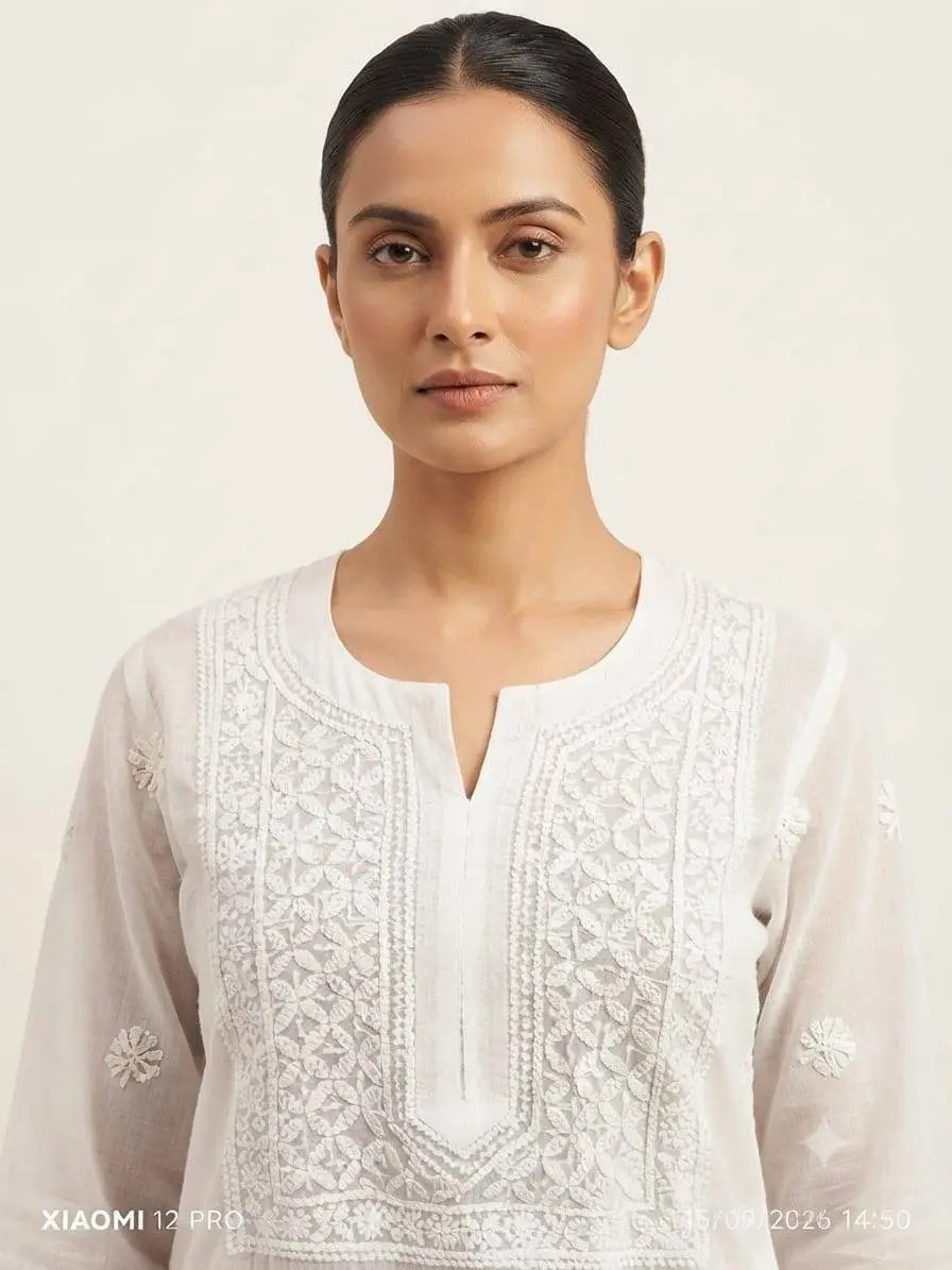 LCF CHIKAN EMBROIDERY VOIL COTTON LONG KURTI - WHITE view 2