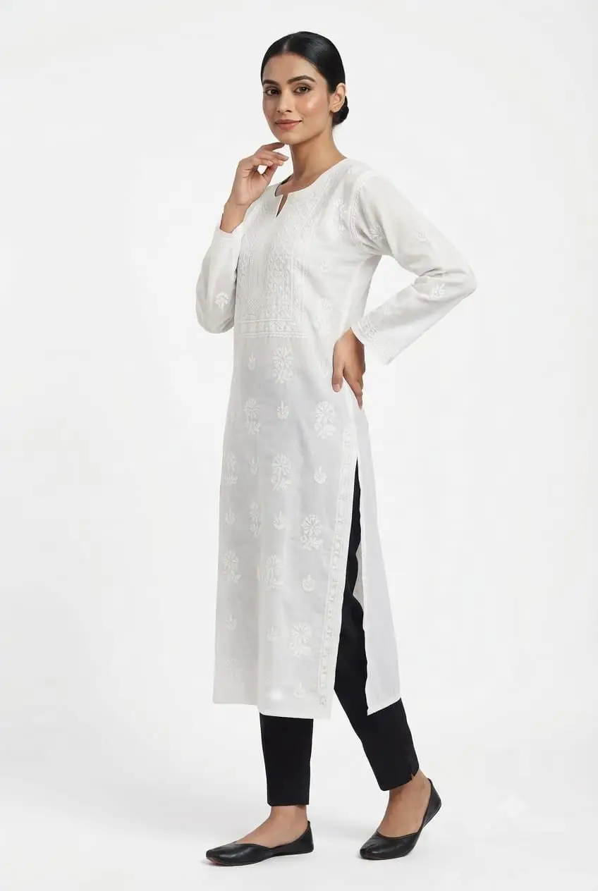 LCF CHIKAN EMBROIDERY VOIL COTTON LONG KURTI - WHITE view 3