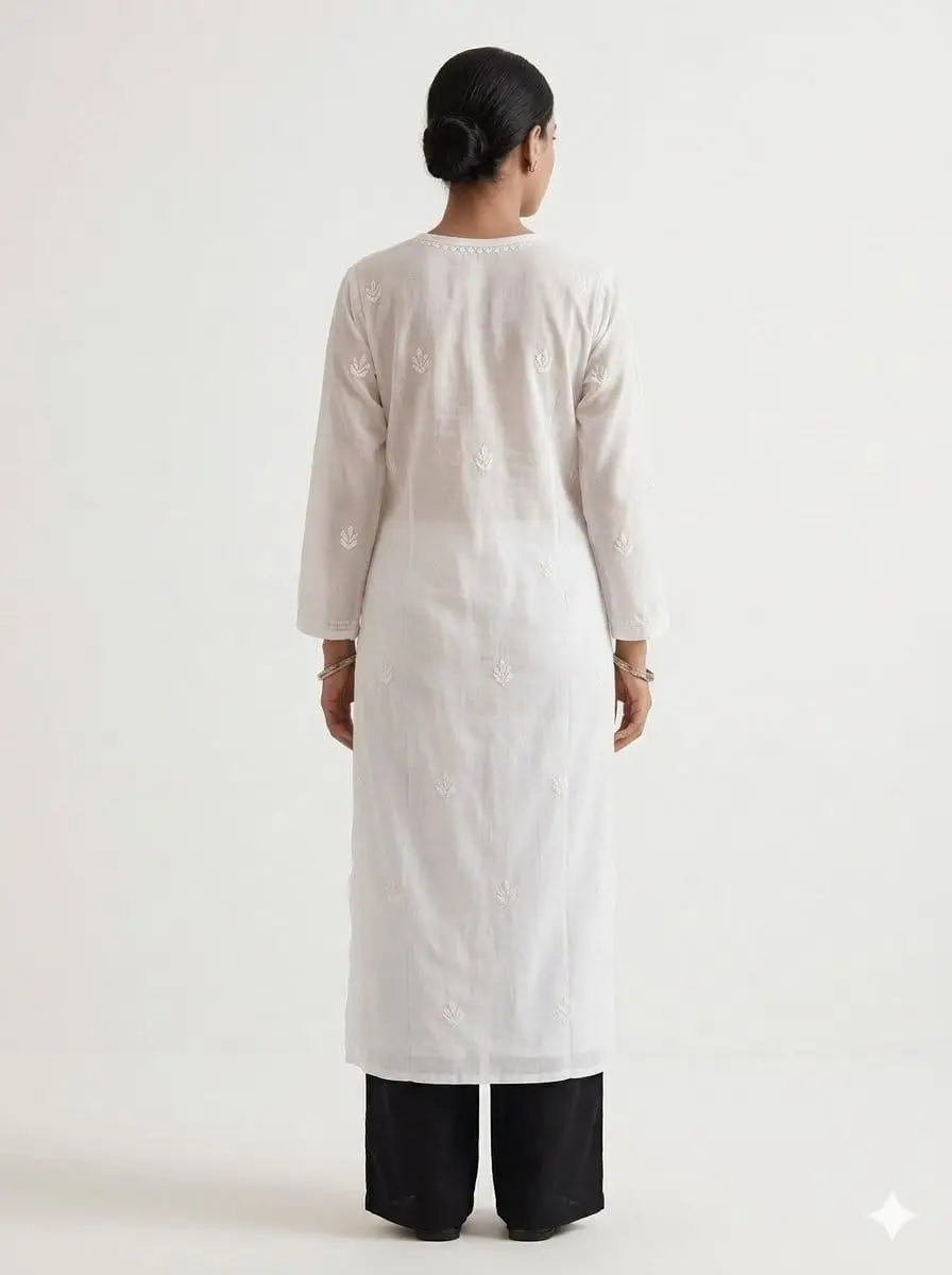 LCF CHIKAN EMBROIDERY VOIL COTTON LONG KURTI - WHITE view 4
