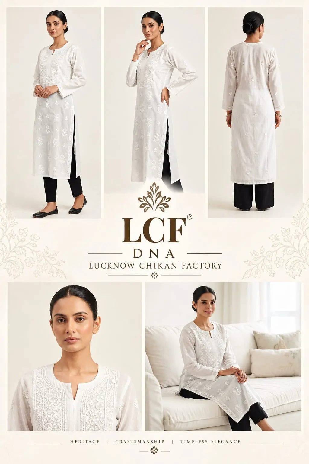 LCF CHIKAN EMBROIDERY VOIL COTTON LONG KURTI - WHITE view 6