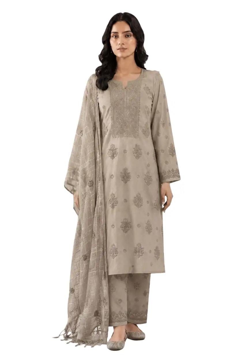 UNSTITCHED CHIKAN EMBROIDERY MODAL DRESS MATERIAL (KURTI DUPATTA & BOTTOM) - DARK BEIGH