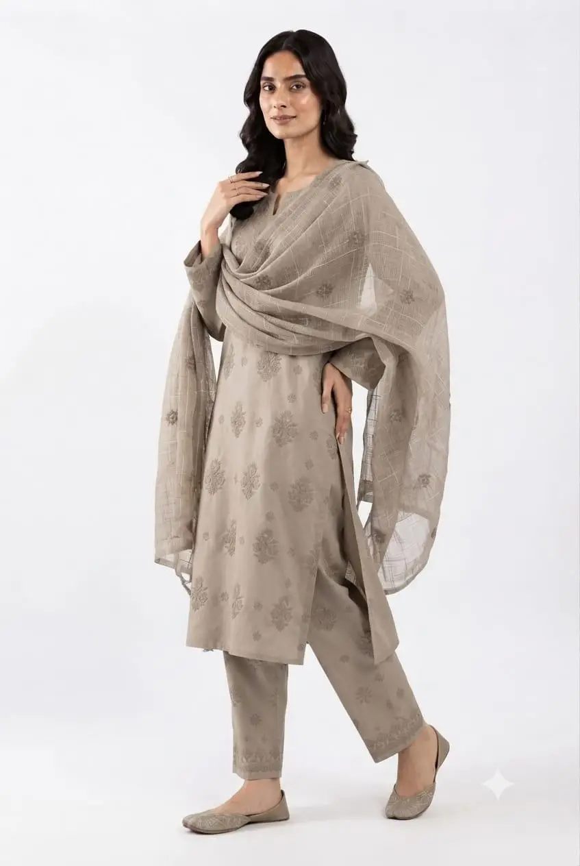 UNSTITCHED CHIKAN EMBROIDERY MODAL DRESS MATERIAL (KURTI DUPATTA & BOTTOM) - DARK BEIGH view 2
