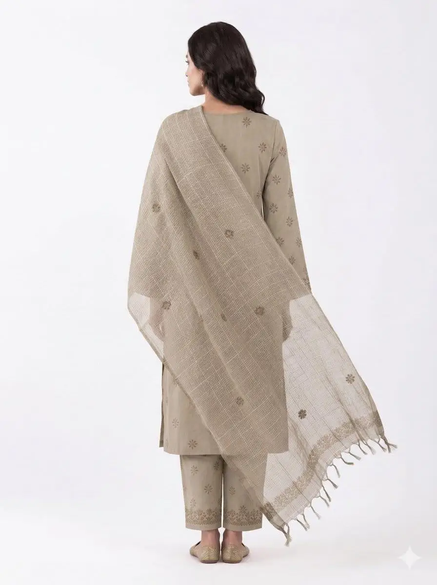UNSTITCHED CHIKAN EMBROIDERY MODAL DRESS MATERIAL (KURTI DUPATTA & BOTTOM) - DARK BEIGH view 3
