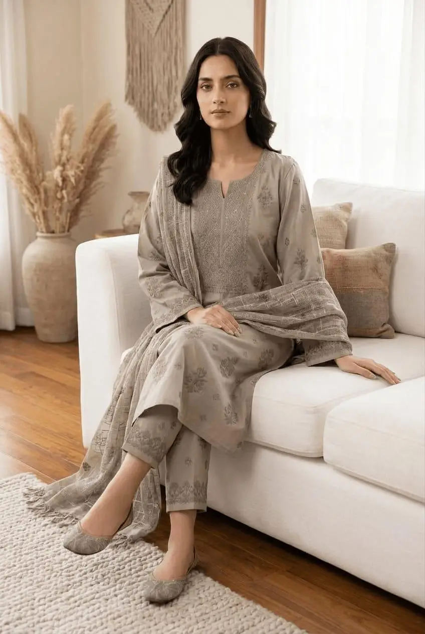 UNSTITCHED CHIKAN EMBROIDERY MODAL DRESS MATERIAL (KURTI DUPATTA & BOTTOM) - DARK BEIGH view 4