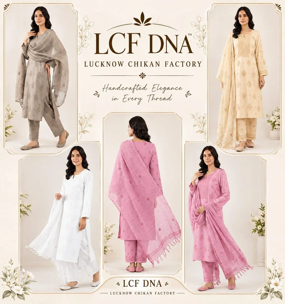 UNSTITCHED CHIKAN EMBROIDERY MODAL DRESS MATERIAL (KURTI DUPATTA & BOTTOM) - DARK BEIGH view 5