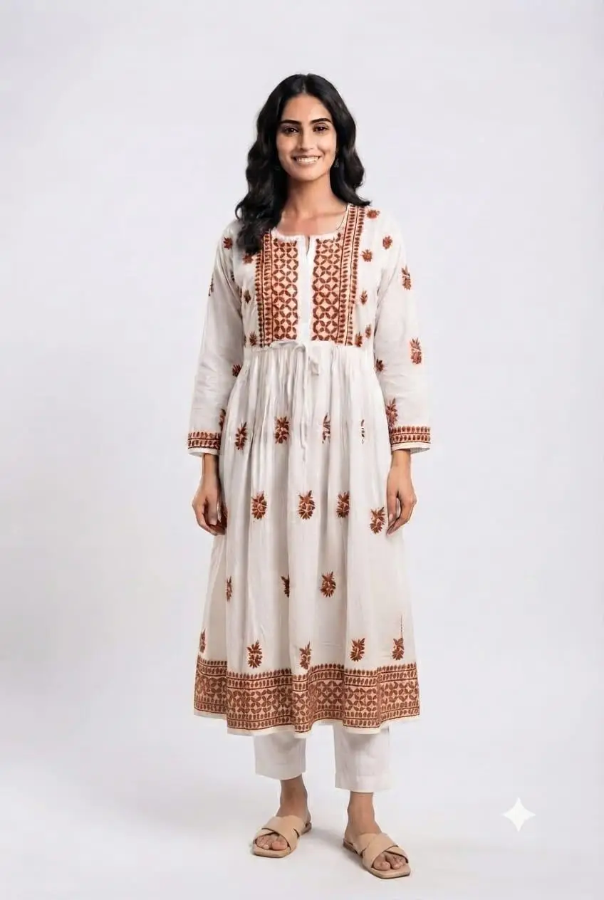 LCF CHIKAN EMBROIDERY MAL COTTON NAYRA LONG KURTI -BROWN