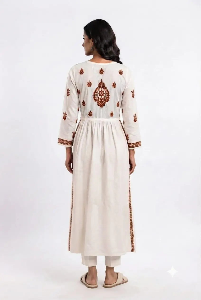 LCF CHIKAN EMBROIDERY MAL COTTON NAYRA LONG KURTI -BROWN view 2