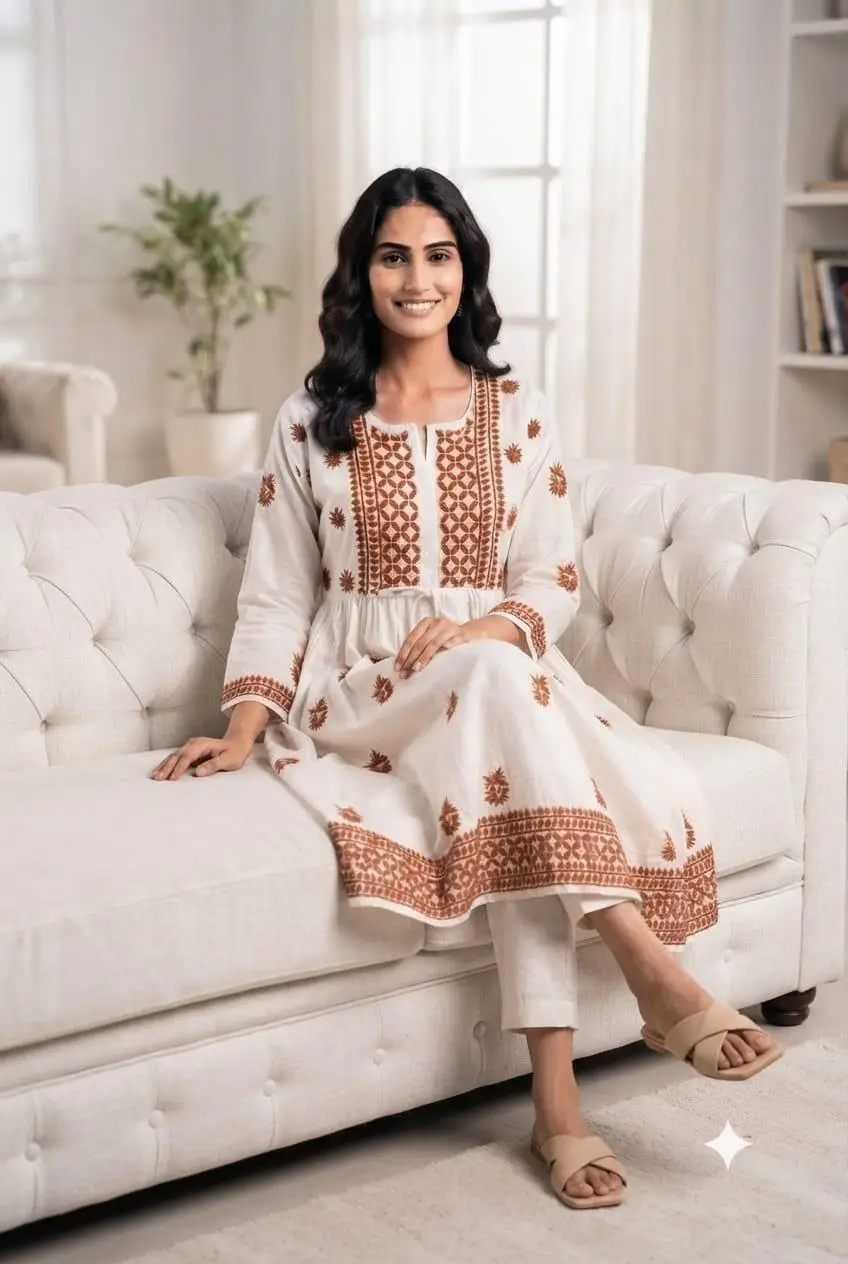 LCF CHIKAN EMBROIDERY MAL COTTON NAYRA LONG KURTI -BROWN view 3