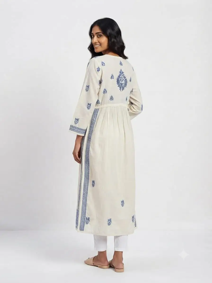 LCF CHIKAN EMBROIDERY MAL COTTON NAYRA LONG KURTI -GREY view 3