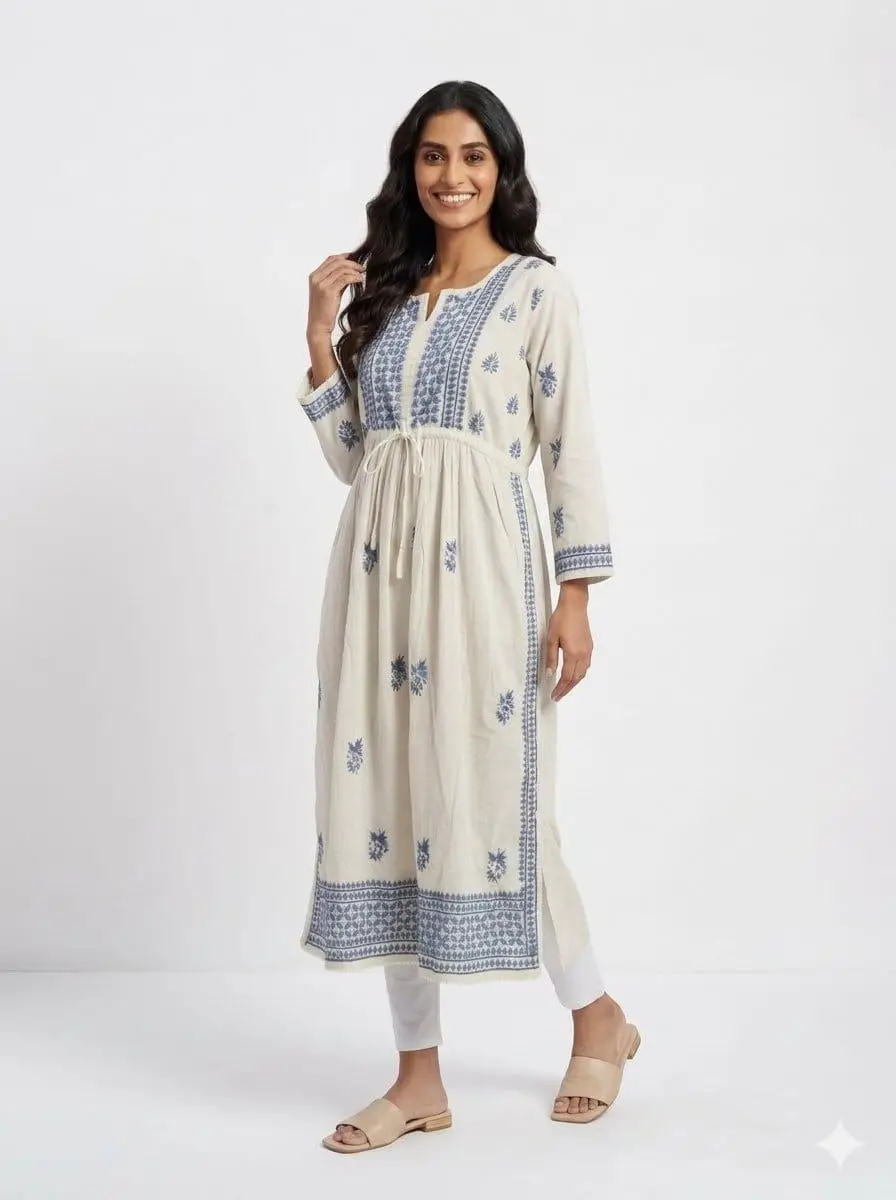 LCF CHIKAN EMBROIDERY MAL COTTON NAYRA LONG KURTI -GREY view 4