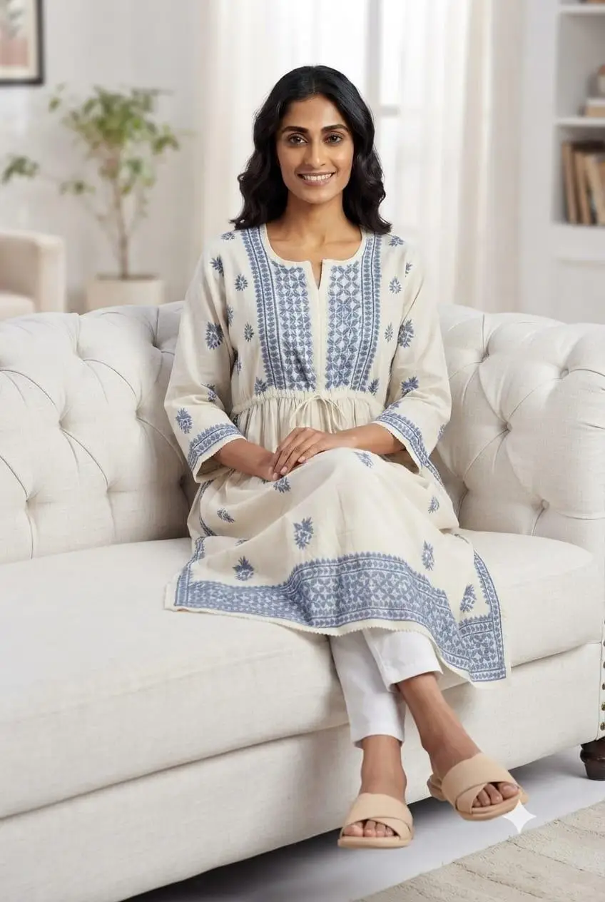 LCF CHIKAN EMBROIDERY MAL COTTON NAYRA LONG KURTI -GREY view 5