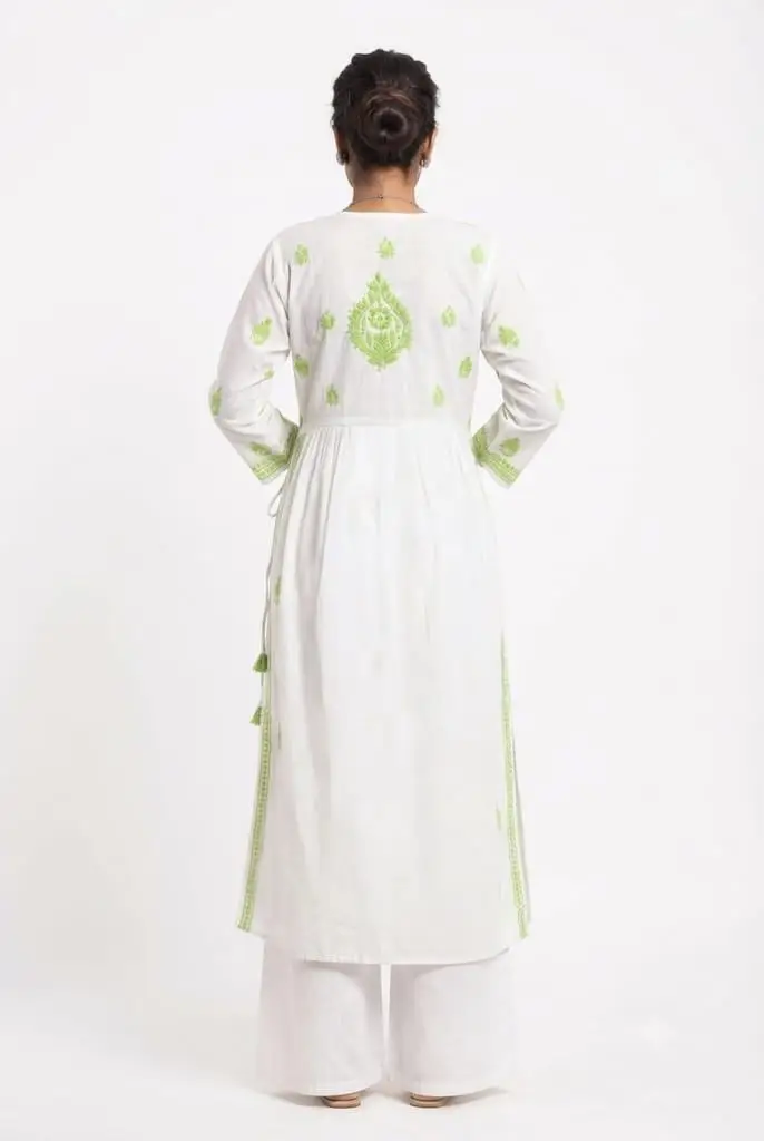 LCF CHIKAN EMBROIDERY MAL COTTON NAYRA LONG KURTI -LIGHT GREEN view 2