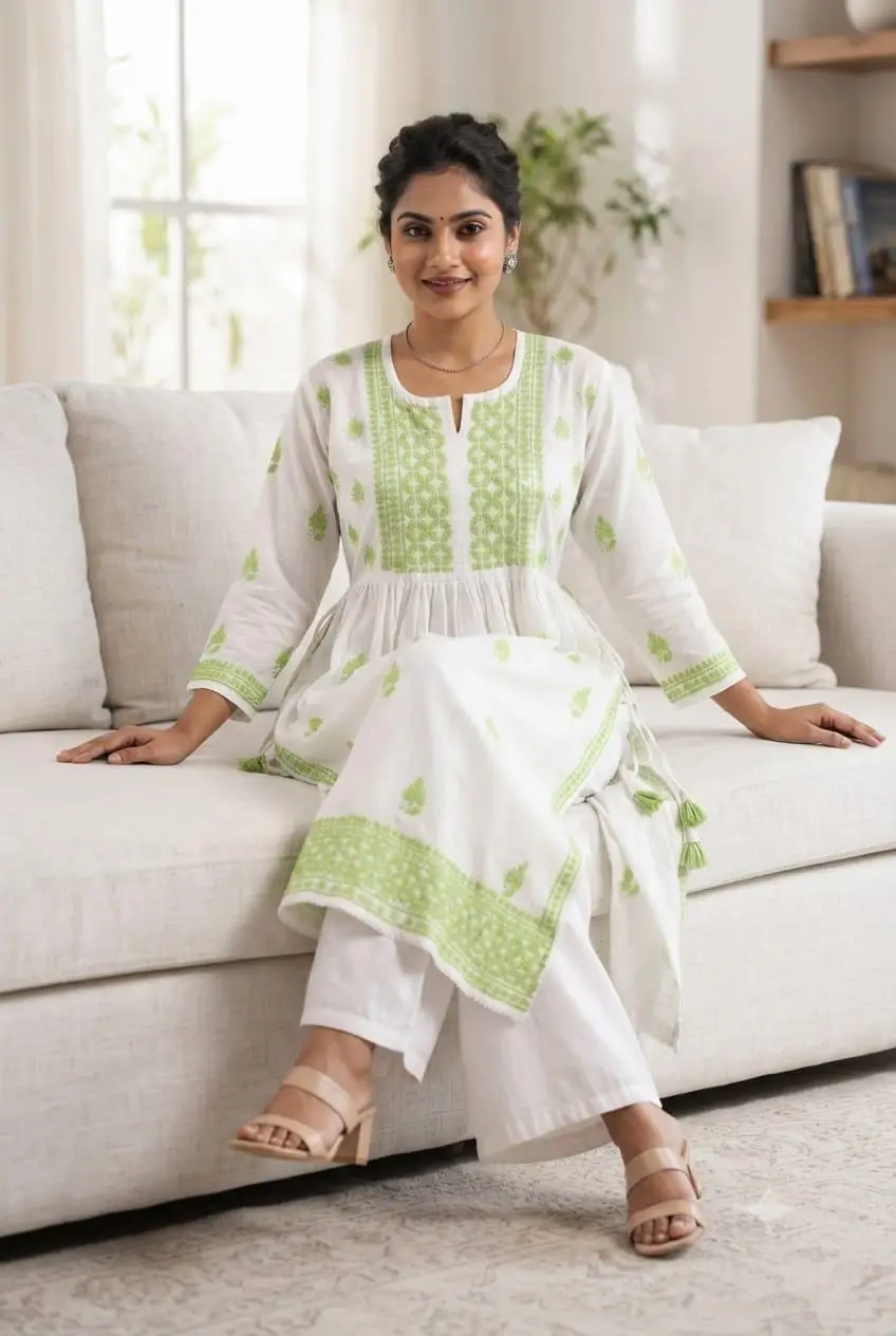 LCF CHIKAN EMBROIDERY MAL COTTON NAYRA LONG KURTI -LIGHT GREEN view 3