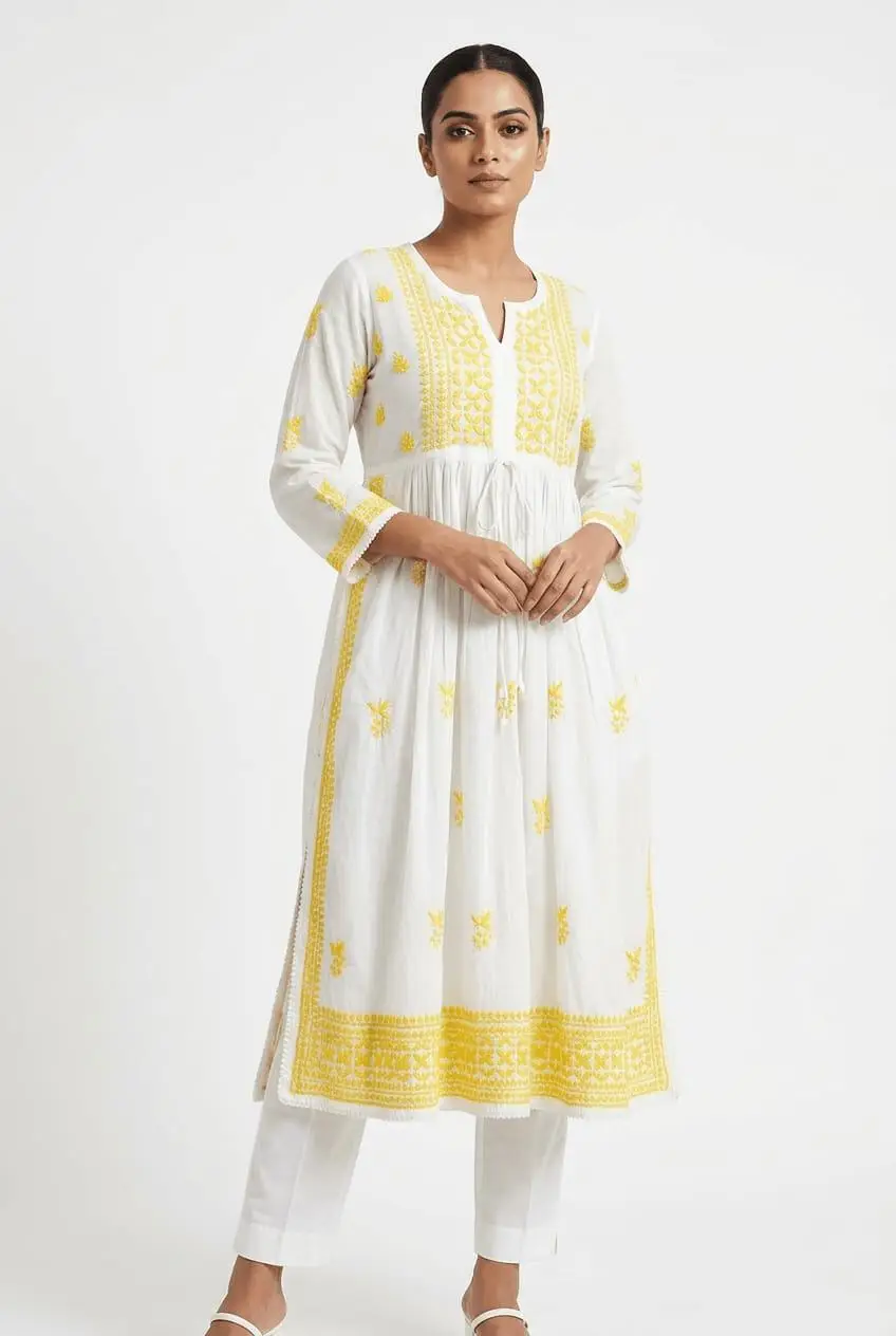 LCF CHIKAN EMBROIDERY MAL COTTON NAYRA LONG KURTI -Yellow