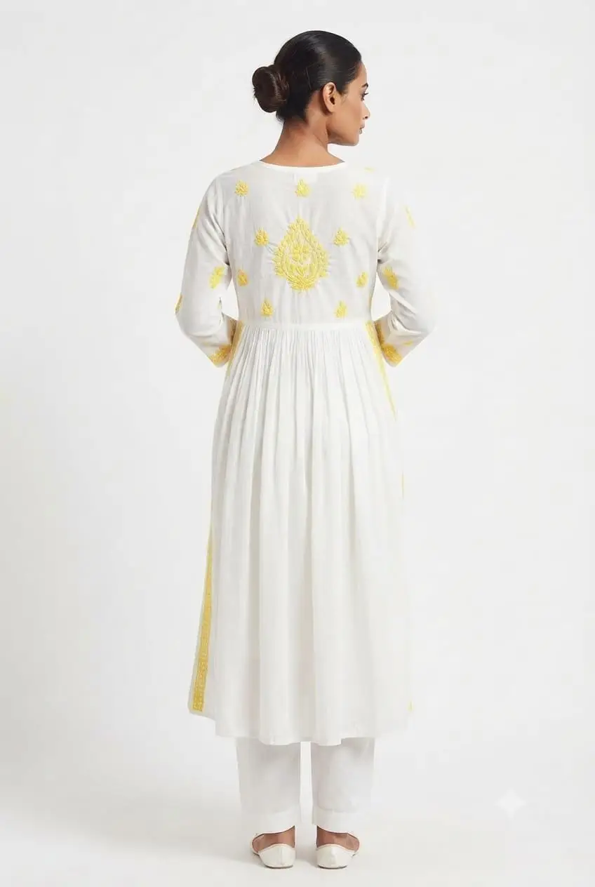 LCF CHIKAN EMBROIDERY MAL COTTON NAYRA LONG KURTI -Yellow view 2
