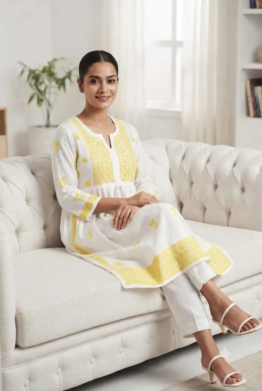 LCF CHIKAN EMBROIDERY MAL COTTON NAYRA LONG KURTI -Yellow view 3