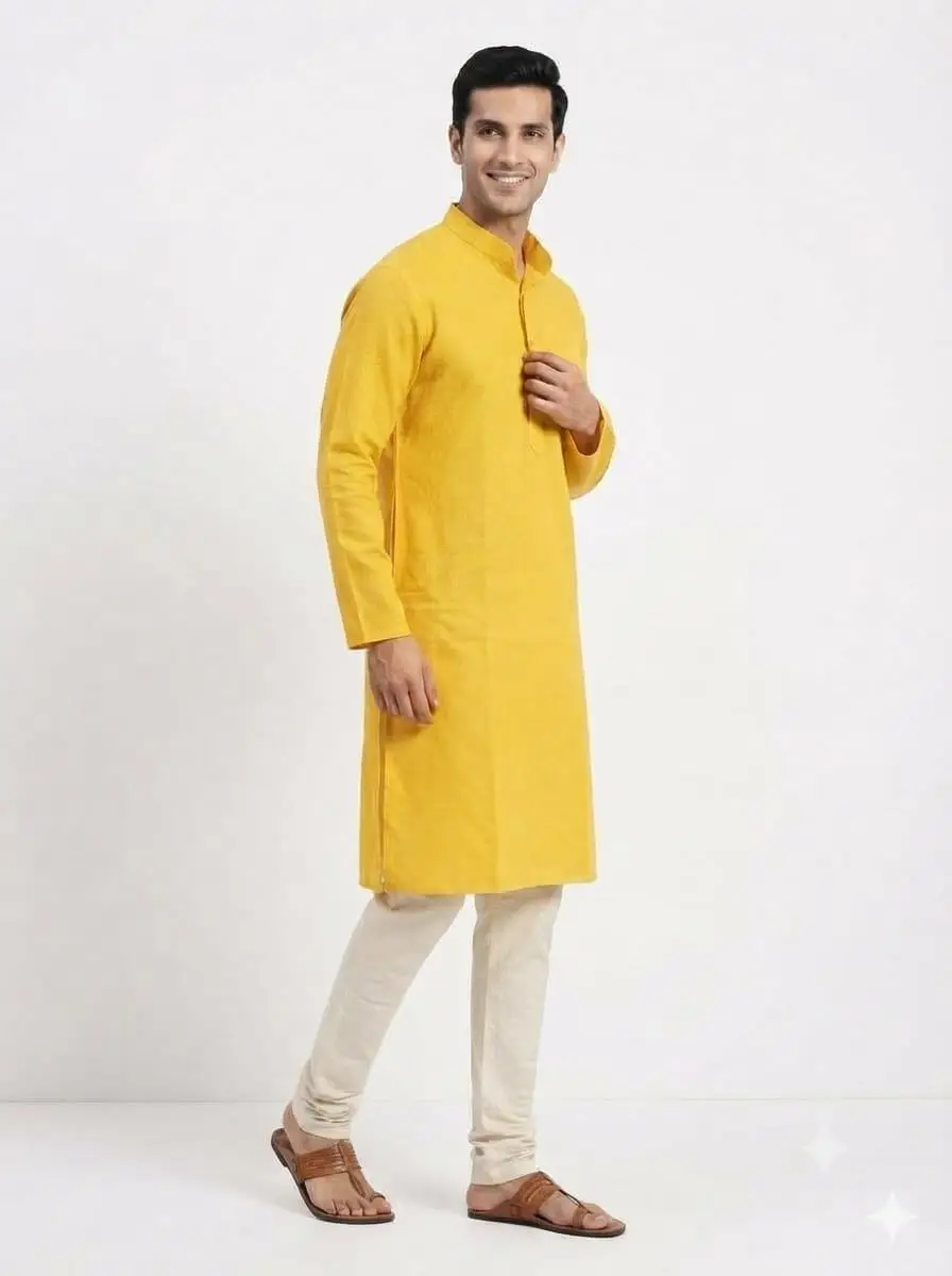 LCF JUTE COTTON MENS KURTA - YELLOW view 2