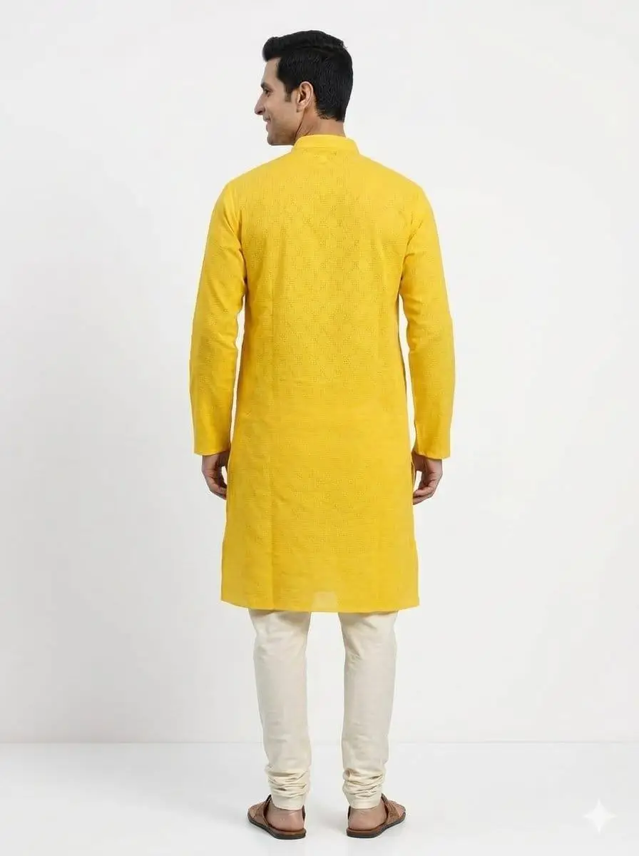 LCF JUTE COTTON MENS KURTA - YELLOW view 3