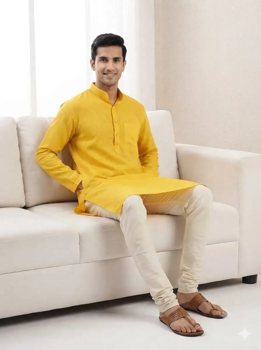 LCF JUTE COTTON MENS KURTA - YELLOW view 4