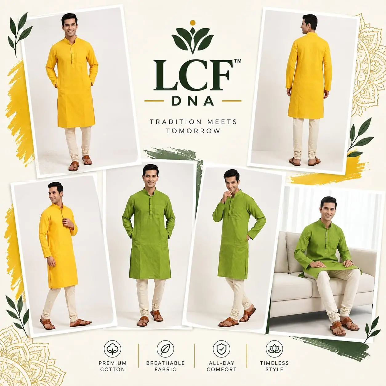 LCF JUTE COTTON MENS KURTA - YELLOW view 5