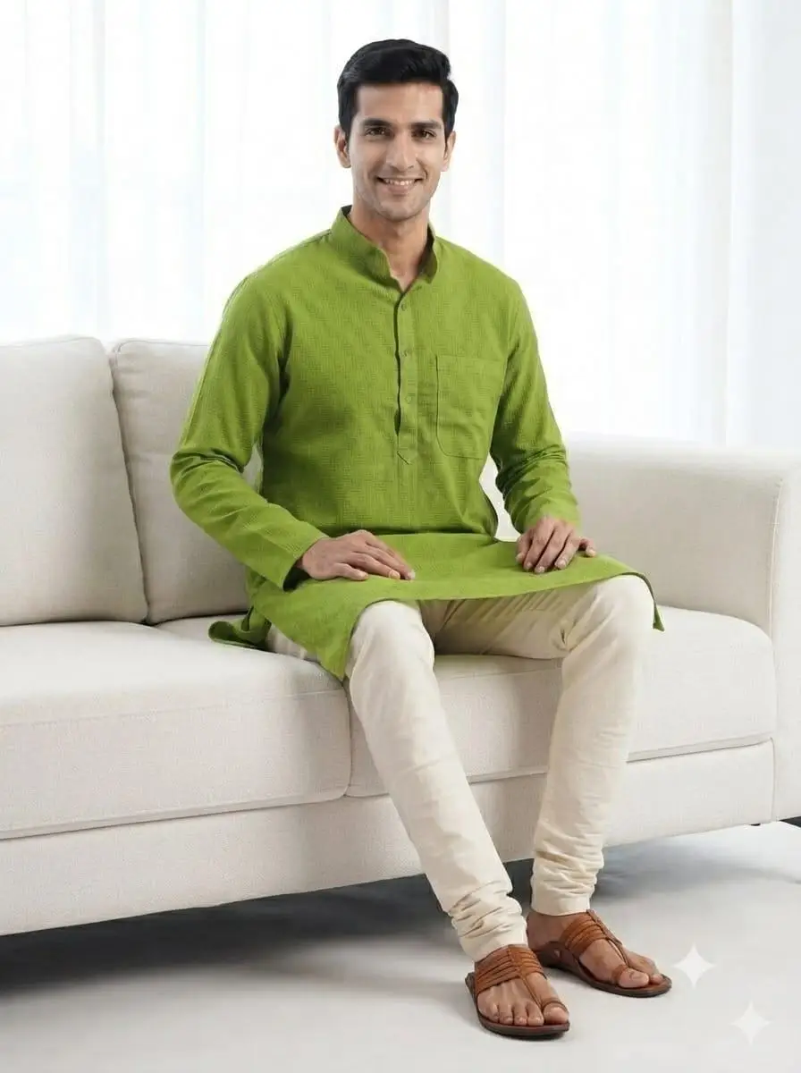 LCF JUTE COTTON MENS KURTA  - GREEN view 4