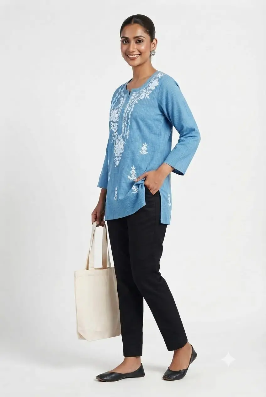 LCF LINING COTTON SHORT KURTI - BLUE view 2
