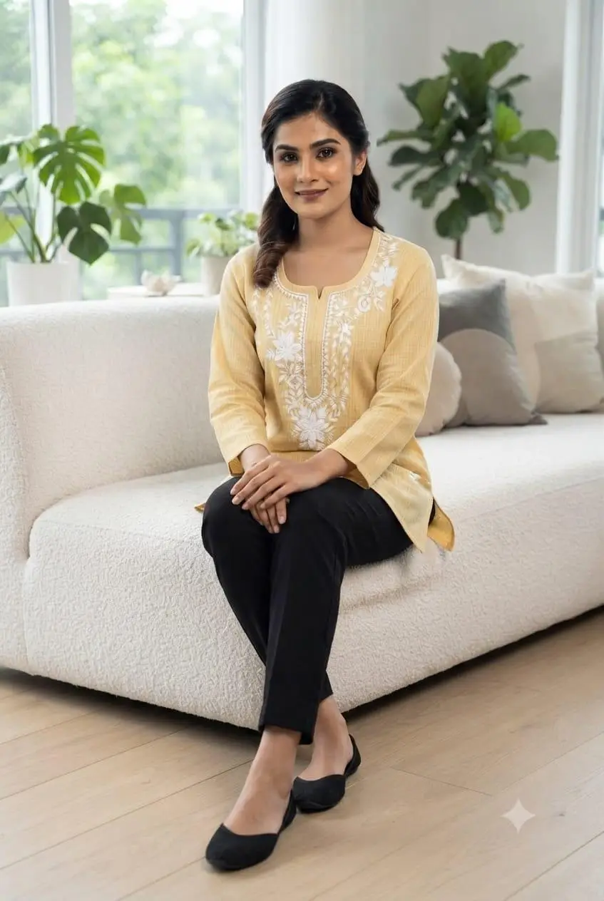 LCF LINING COTTON SHORT KURTI - LEAMON YELLOW view 4