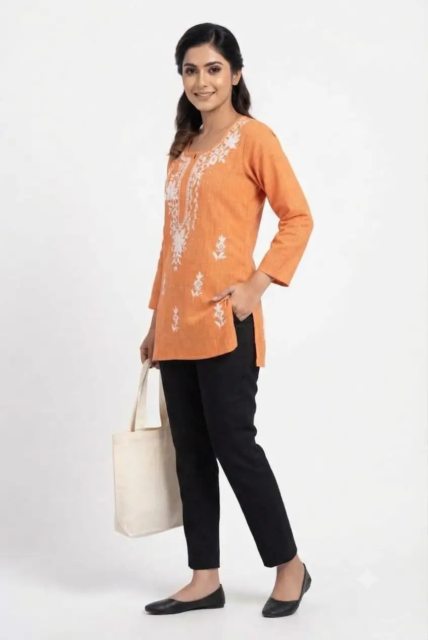 LCF LINING COTTON SHORT KURTI -ORANGE view 2