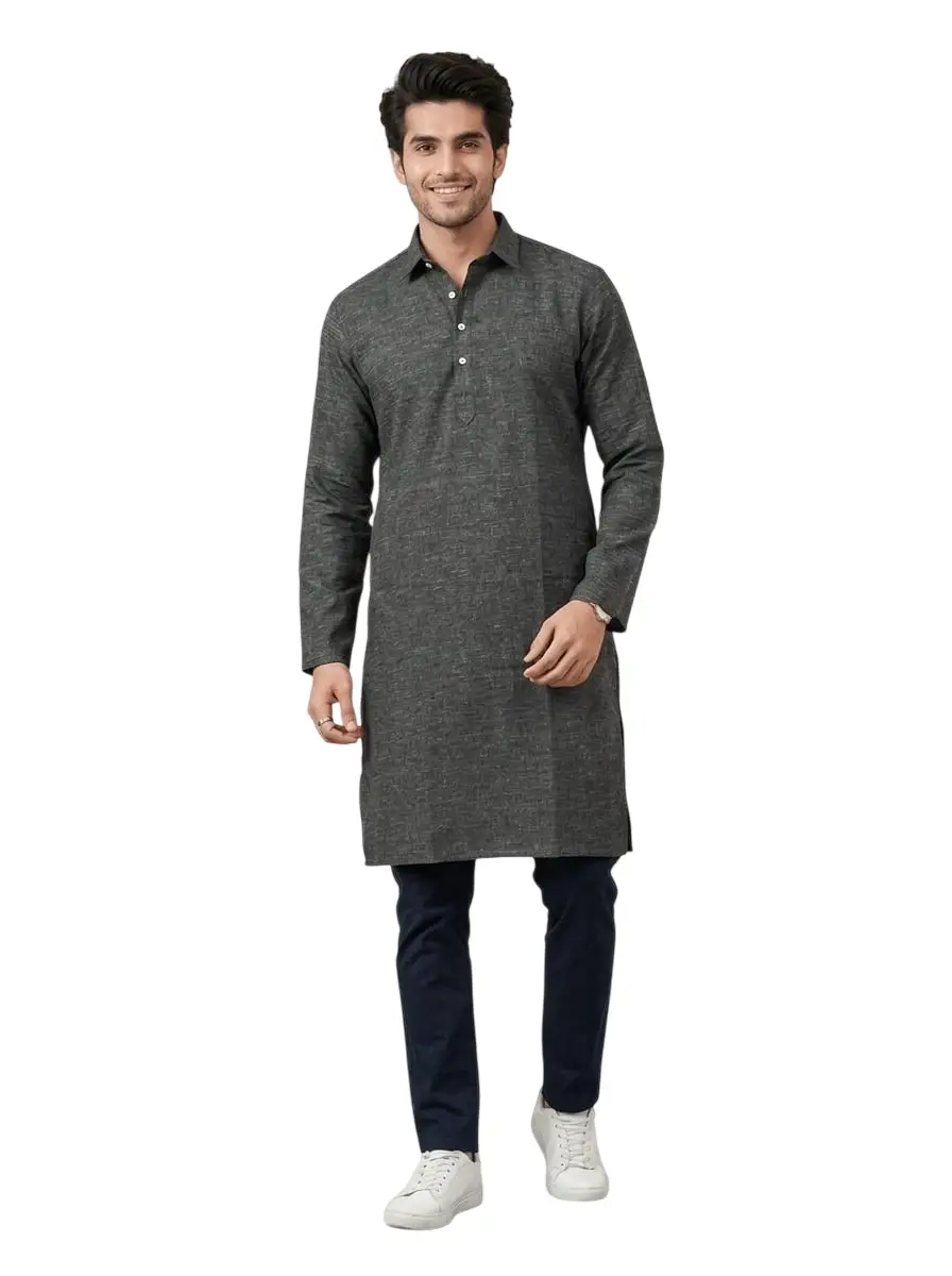 LCF PLAIN KHADI COTTON MENS KURTA - BLACK