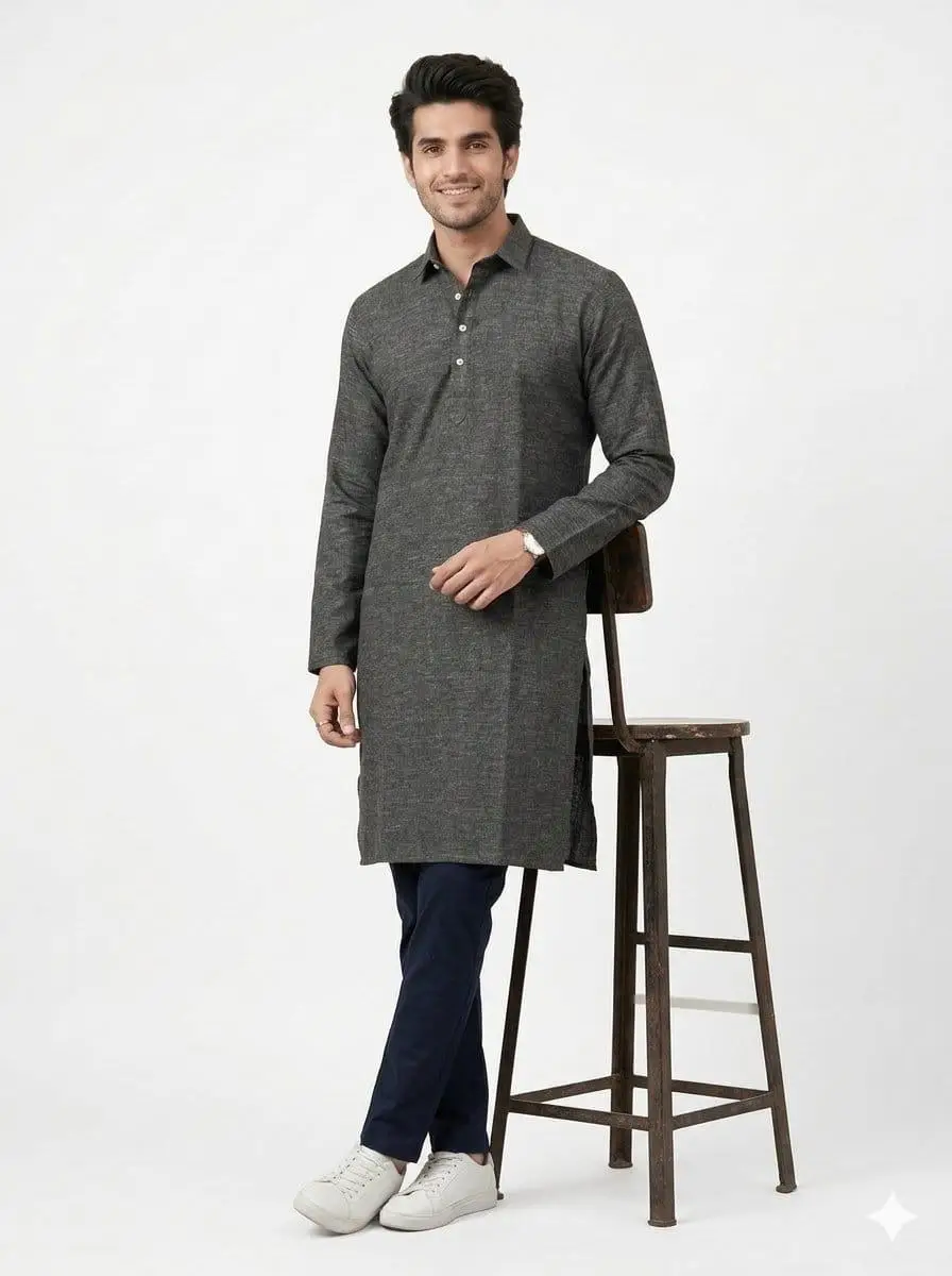 LCF PLAIN KHADI COTTON MENS KURTA - BLACK view 2