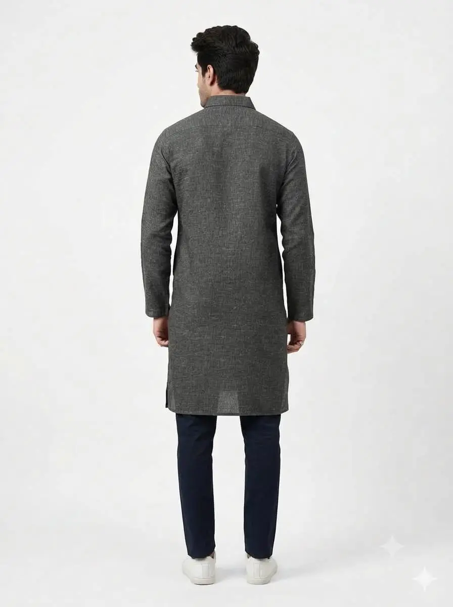 LCF PLAIN KHADI COTTON MENS KURTA - BLACK view 3