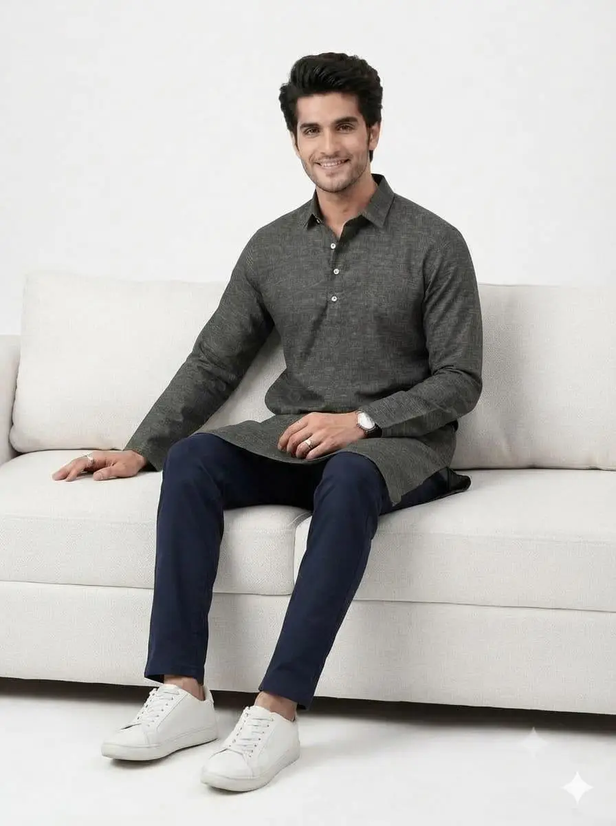 LCF PLAIN KHADI COTTON MENS KURTA - BLACK view 4