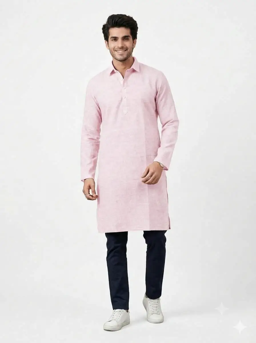 LCF PLAIN KHADI COTTON MENS KURTA - BABY PINK view 2