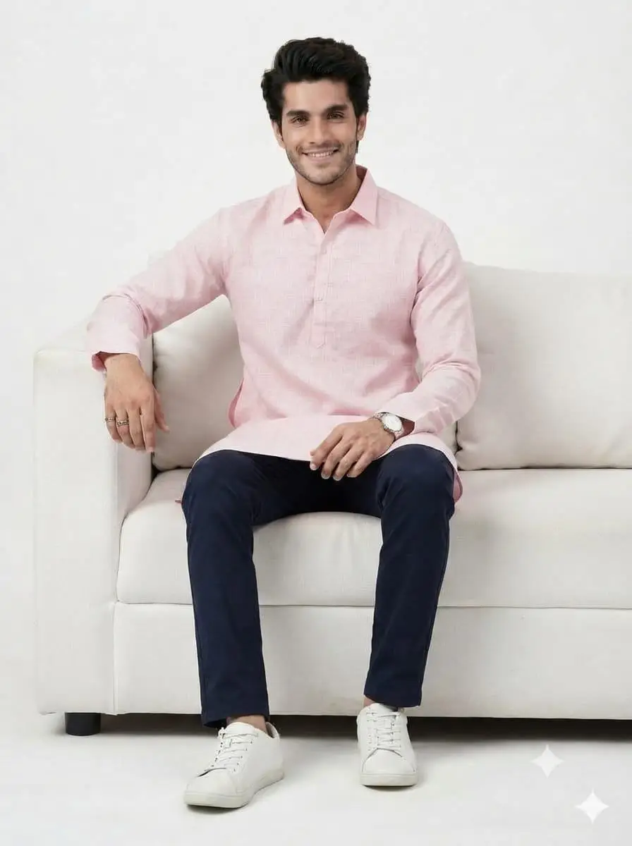 LCF PLAIN KHADI COTTON MENS KURTA - BABY PINK view 4