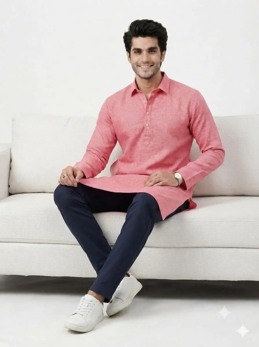 LCF PLAIN KHADI COTTON MENS KURTA - DARK PINK view 4