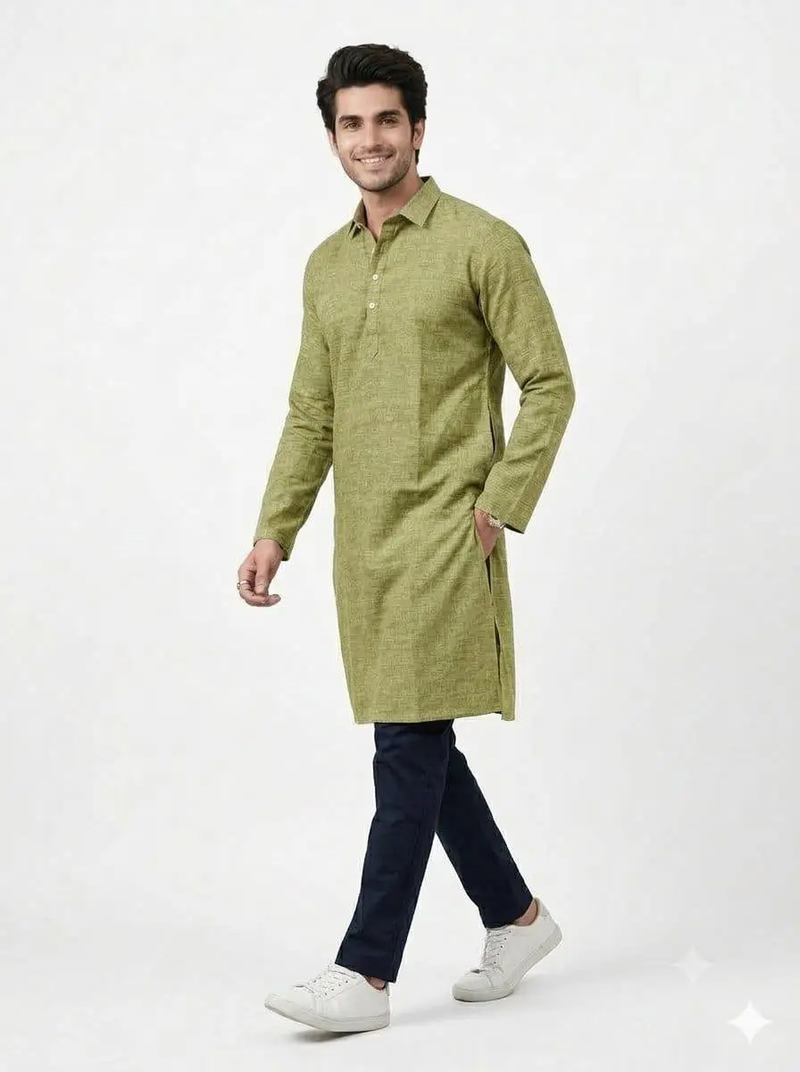 LCF PLAIN KHADI COTTON MENS KURTA - MEHNDI GREEN view 2