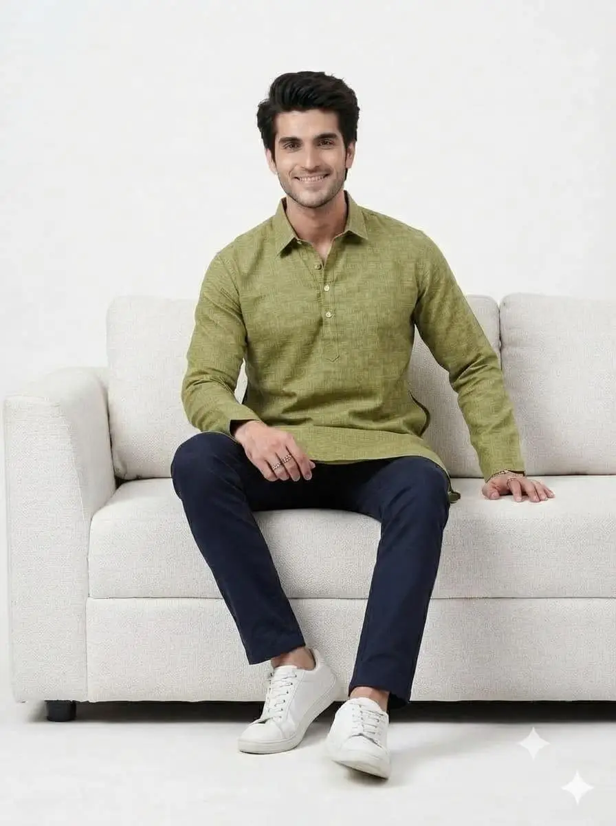 LCF PLAIN KHADI COTTON MENS KURTA - MEHNDI GREEN view 4