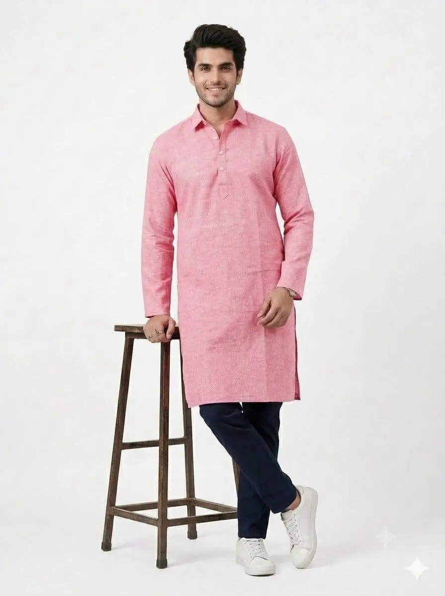 LCF PLAIN KHADI COTTON MENS KURTA - PINK view 2