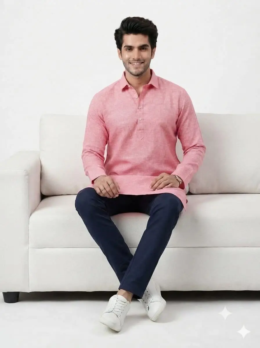 LCF PLAIN KHADI COTTON MENS KURTA - PINK view 4