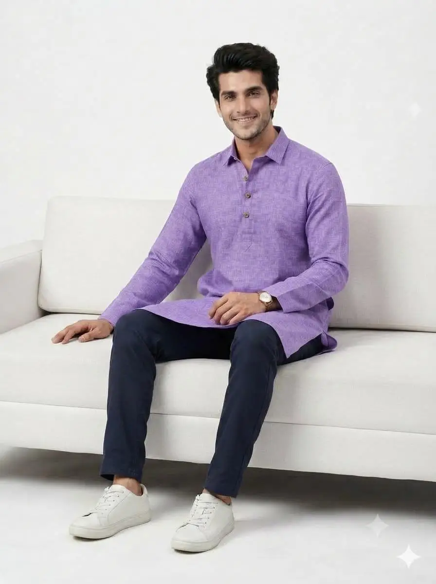 LCF PLAIN KHADI COTTON MENS KURTA - PURPLE view 3