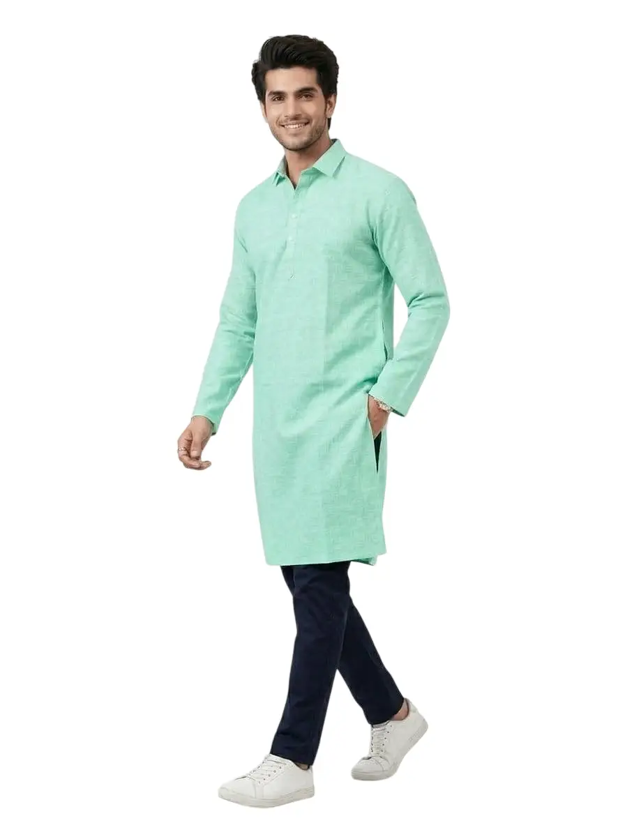 LCF PLAIN KHADI COTTON MENS KURTA - SEA GREEN