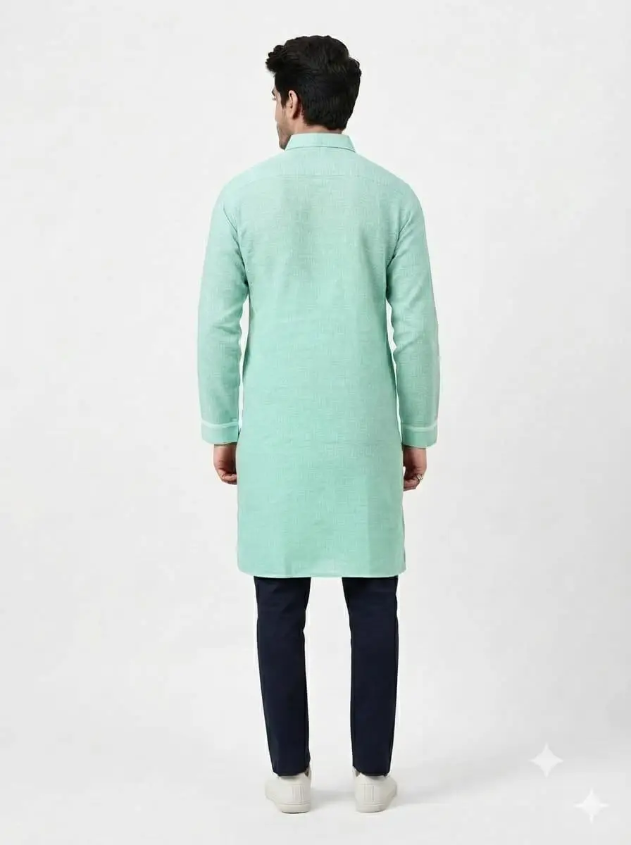 LCF PLAIN KHADI COTTON MENS KURTA - SEA GREEN view 2