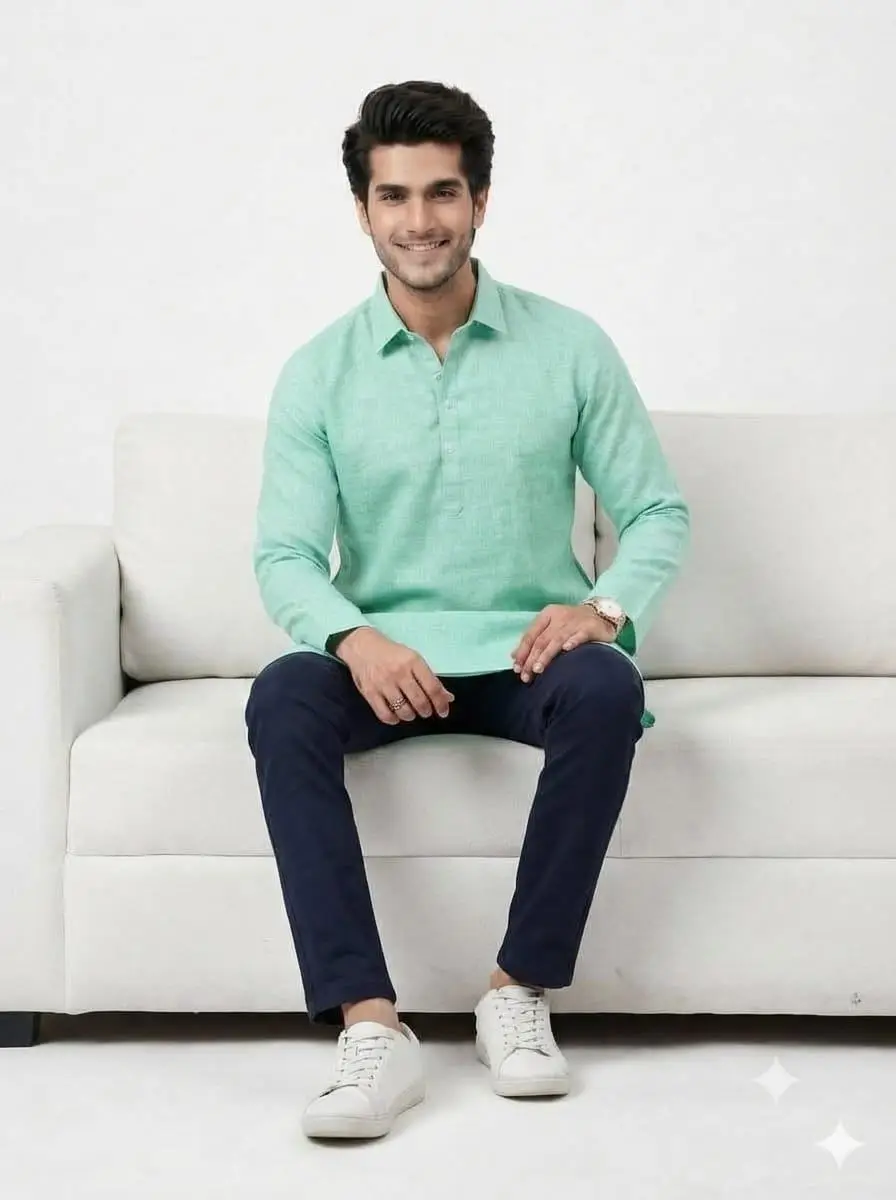 LCF PLAIN KHADI COTTON MENS KURTA - SEA GREEN view 3